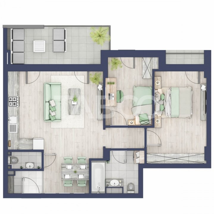 Apartament 3 camere 2 bai 63 mp utili cu gradina parter inalt Turnisor