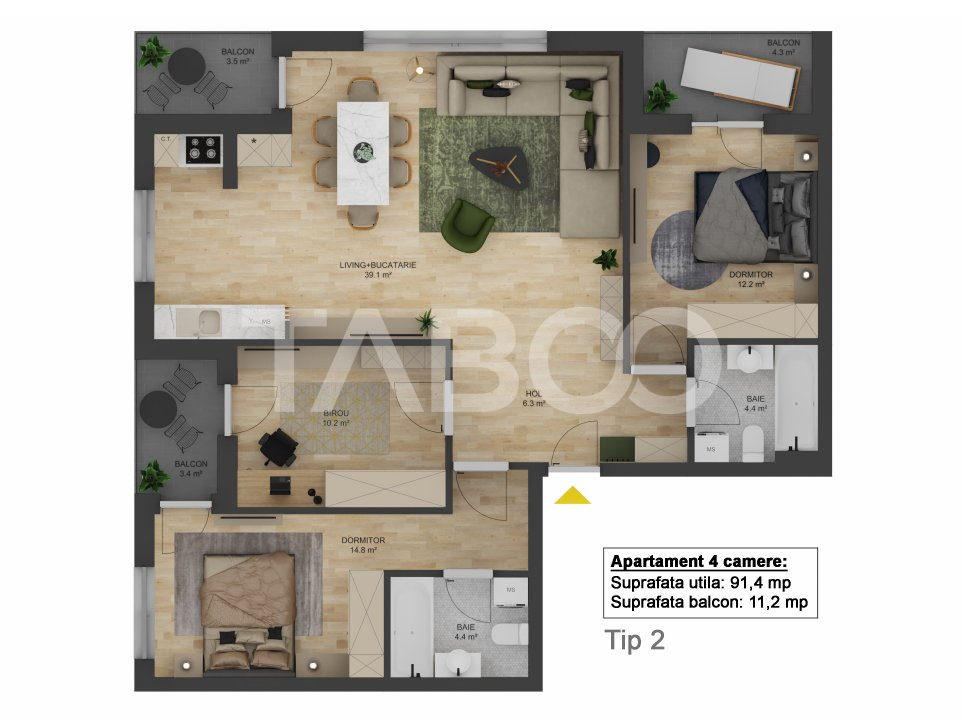 Apartament 4 camere 3 balcoane 91 mpu si LOC PARCARE zona Dna Stanca