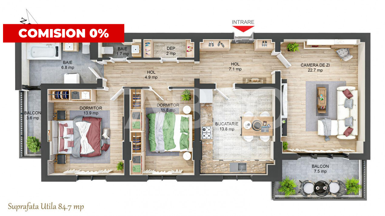 Apartament decomandat 3 camere 85 mpu 2 balcoane 2 bai Rahovei Sibiu