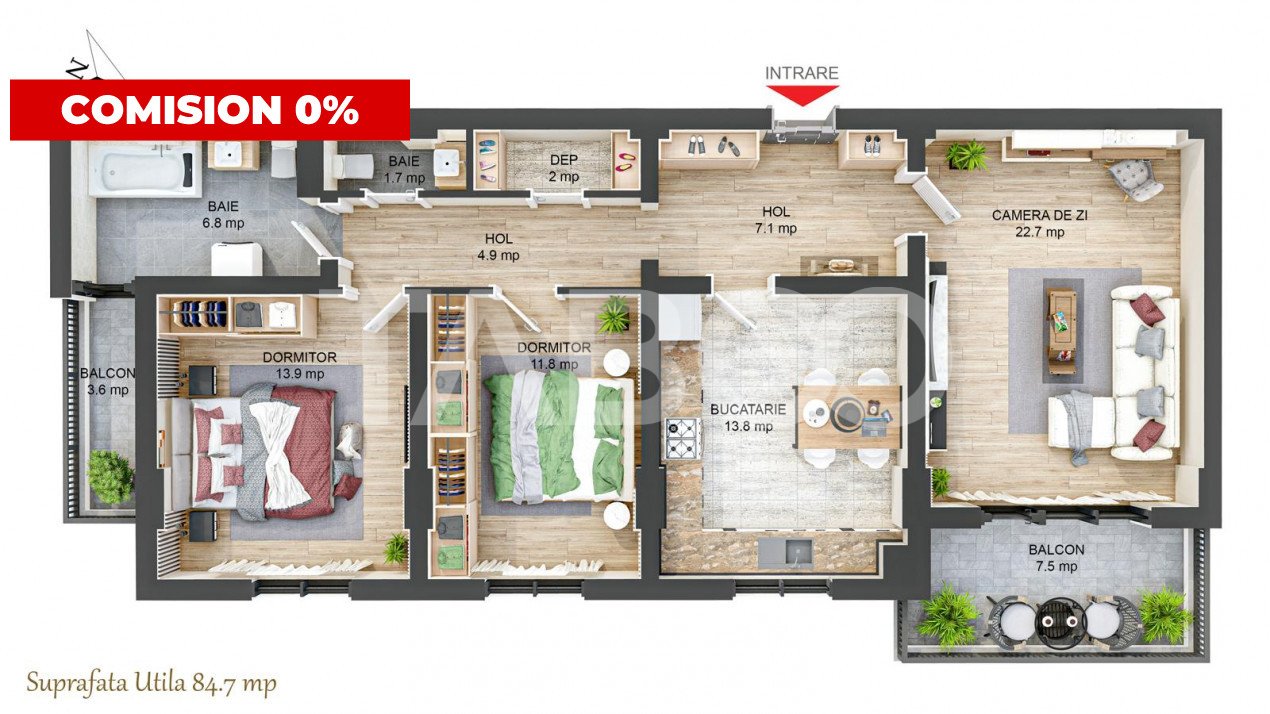 Apartament decomandat 85 mpu 3 camere 2 balcoane 2 bai Rahovei Sibiu